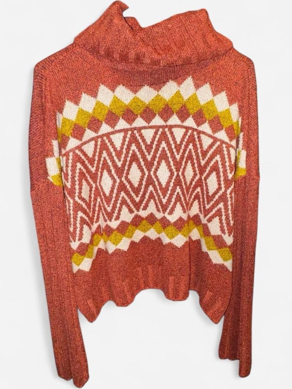Burnt Orange Fair Isle Geometric Cowl Neck Knit - Picture 2 of 6